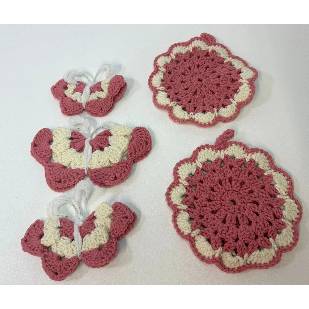 VTG Lot 5 Crochet Doily Doilies Butterfly Magnets Pink Cottage Core Handmade